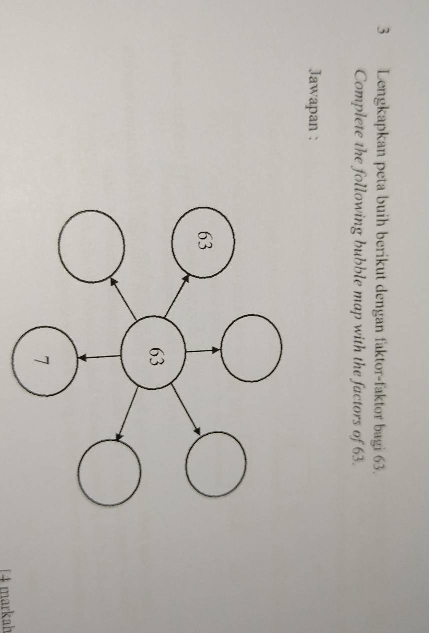 Lengkapkan peta buih berikut dengan faktor-faktor bagi 63. 
Complete the following bubble map with the factors of 63. 
Jawapan : 
[4 markah