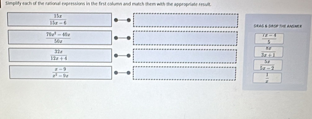 Simplify each of the rational expressions in the first column and match them with the appropriate result.
 15x/15x-6 
DRAG & DROP THE ANSWER
 (70x^2-40x)/50x 
 ((x-4)/5 
 32x/12x+4 
 8x/3x+1 
 5x/5x-2 
 (x-9)/x^2-9x 
 1/x 