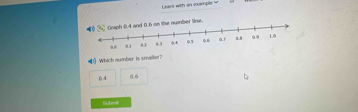 Learn with an example or
umber line.
) Which number is smaller?
0.4 0.6
Submit