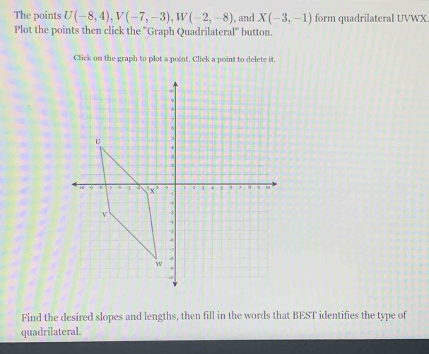 The points U(-8,4), V(-7,-3), W(-2,-8) , and X(-3,-1) form quadrilateral UVWX. 
Plot the points then click the ''Graph Quadrilateral'' button. 
Click on the graph to plot a point. Click a point to delete it. 
Find the desired slopes and lengths, then fill in the words that BEST identifies the type of 
quadrilateral.