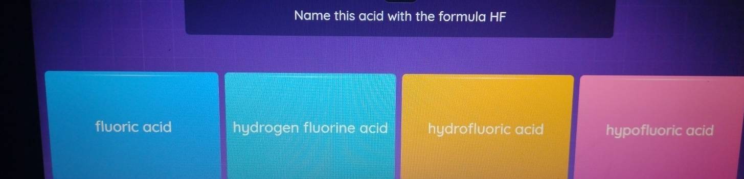 Resuelto:Name this acid with the formula HF fluoric acid hydrogen ...