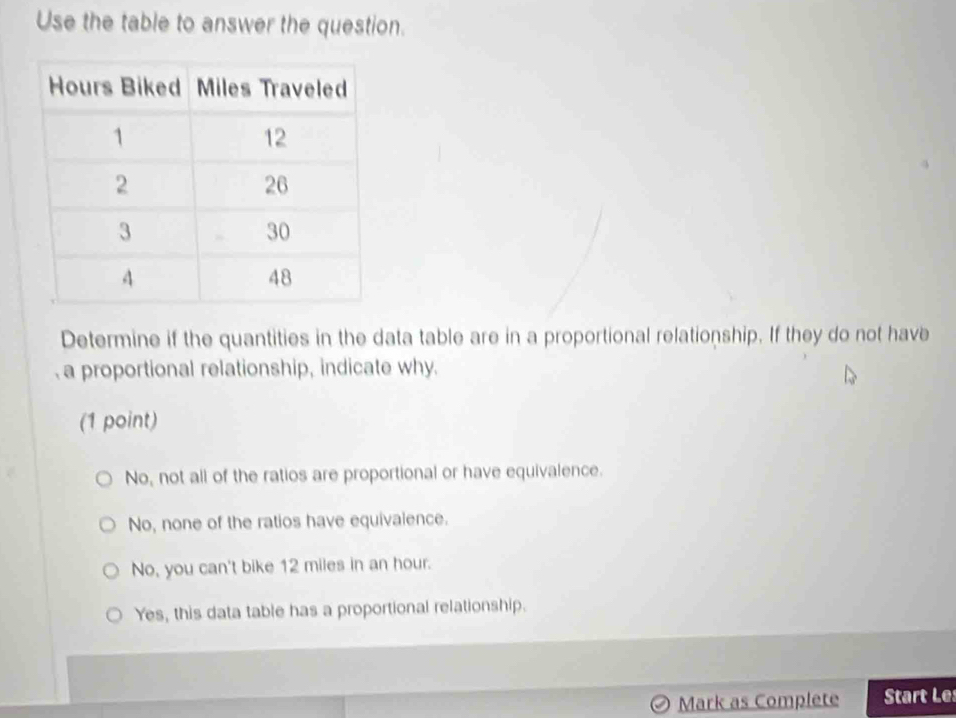 Use the table to answer the question.
Determine if the quantities in the data table are in a proportional relationship. If they do not have
a proportional relationship, indicate why.
(1 point)
No, not all of the ratios are proportional or have equivalence.
No, none of the ratios have equivalence.
No, you can't bike 12 miles in an hour.
Yes, this data table has a proportional relationship.
Mark as Complete Start Le