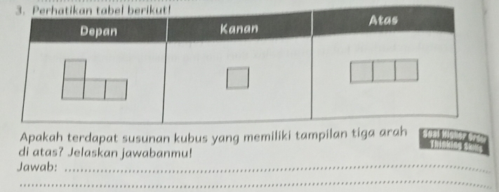 Apakah terdapat susunan kubus yang memi 
di atas? Jelaskan jawabanmu! 
Jawab:_ 
_ 
_ 
_