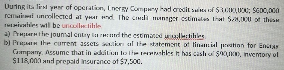 During its first year of operation, Energy Company had credit sales of $3,000,000; $600,000|
remained uncollected at year end. The credit manager estimates that $28,000 of these 
receivables will be uncollectible. 
a) Prepare the journal entry to record the estimated uncollectibles. 
b) Prepare the current assets section of the statement of financial position for Energy 
Company. Assume that in addition to the receivables it has cash of $90,000, inventory of
$118,000 and prepaid insurance of $7,500.