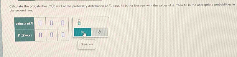 Calculate the probabilities P(X=x) of the probability distribution of X. First, fill in the first row with the values of X. Then fill in the appropriate probabilities in
the second row.
 □ /□  
5
Start over