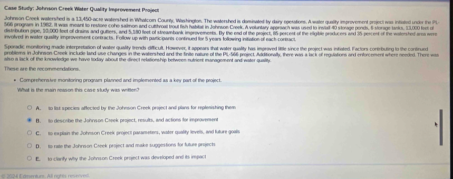 Solved: Case Study: Johnson Creek Water Quality Improvement Project ...