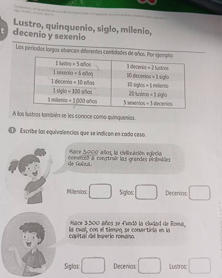 Comprencsy uckc             e  
tve indican tempors isted como quincess, Emestre, temettre, nstrai o lustrs quinno
Lustro, quinquenio, siglo, milenio,
t  decenio y sexenio
Los periodos largos abarcan diferentes cantidades de añ
A los lustros también se les conoce como quinquenios.
Escribe las equivalencias que se indican en cada caso.
Hace 5000 años, la civilización egipcia
comenzó a construir las grandes pirámides
de Guiza.
Milenios: Siglos: Decenios:
Hace 3500 años se fundó la ciudad de Roma,
la cual, con el tiempo, se convertiría en la
capital del Imperio romano.
Siglos: Decenios: Lustros: