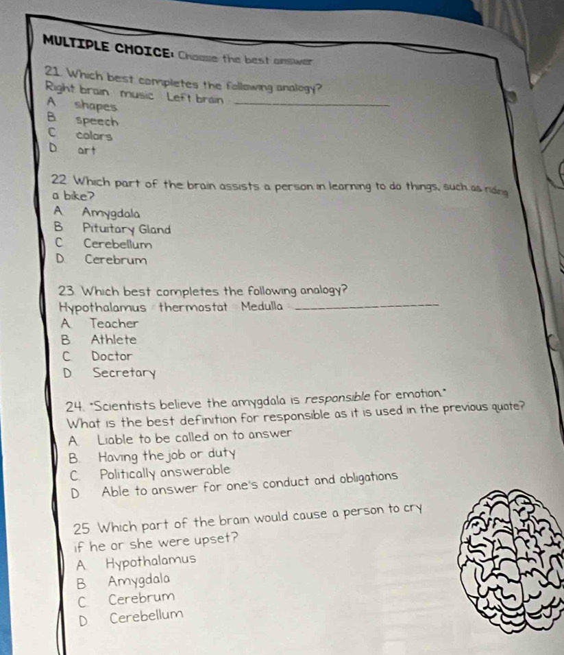 Chaose the best amswer
21. Which best completes the following analogy?
Right brain music Left brain_
A shapes
B. speech
C colars
D art
22 Which part of the brain assists a person in learning to do things, such as riding
a bike?
A Amygdala
B Pituitary Gland
C Cerebellum
D. Cerebrum
_
23. Which best completes the following analogy?
Hypothalamus thermostat Medulla
A Teacher
B Athlete
C Doctor
D Secretary
24. "Scientists believe the amygdala is responsible for emotion."
What is the best definition for responsible as it is used in the previous quote?
A. Liable to be called on to answer
B. Having the job or duty
C. Politically answerable
D Able to answer for one's conduct and obligations
25 Which part of the brain would cause a person to cry
if he or she were upset?
A Hypothalamus
B Amygdala
C Cerebrum
D Cerebellum