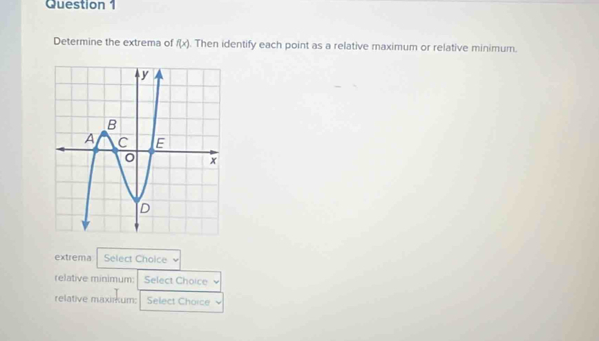 Determine the extrema of f(x). Then identify each point as a relative maximum or relative minimum. 
extrema Select Choice 
relative minimum: Select Choice 
relative maxirum: Select Choice