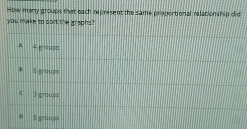 How many groups that each represent the same proportional relationship did
you make to sort the graphs?
A 4 groups
6 groups
3 groups
5 groups