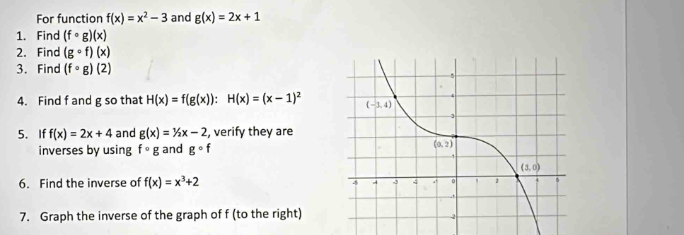 For function f(x)=x^2-3 and g(x)=2x+1
1. Find (fcirc g)(x)
2. Find (gcirc f)(x)
3. Find (fcirc g)(2)
4. Find f and g so that H(x)=f(g(x)):H(x)=(x-1)^2
5. If f(x)=2x+4 and g(x)=1/2x-2 , verify they are
inverses by using fcirc g and gcirc f
6. Find the inverse of f(x)=x^3+2
7. Graph the inverse of the graph of f (to the right)