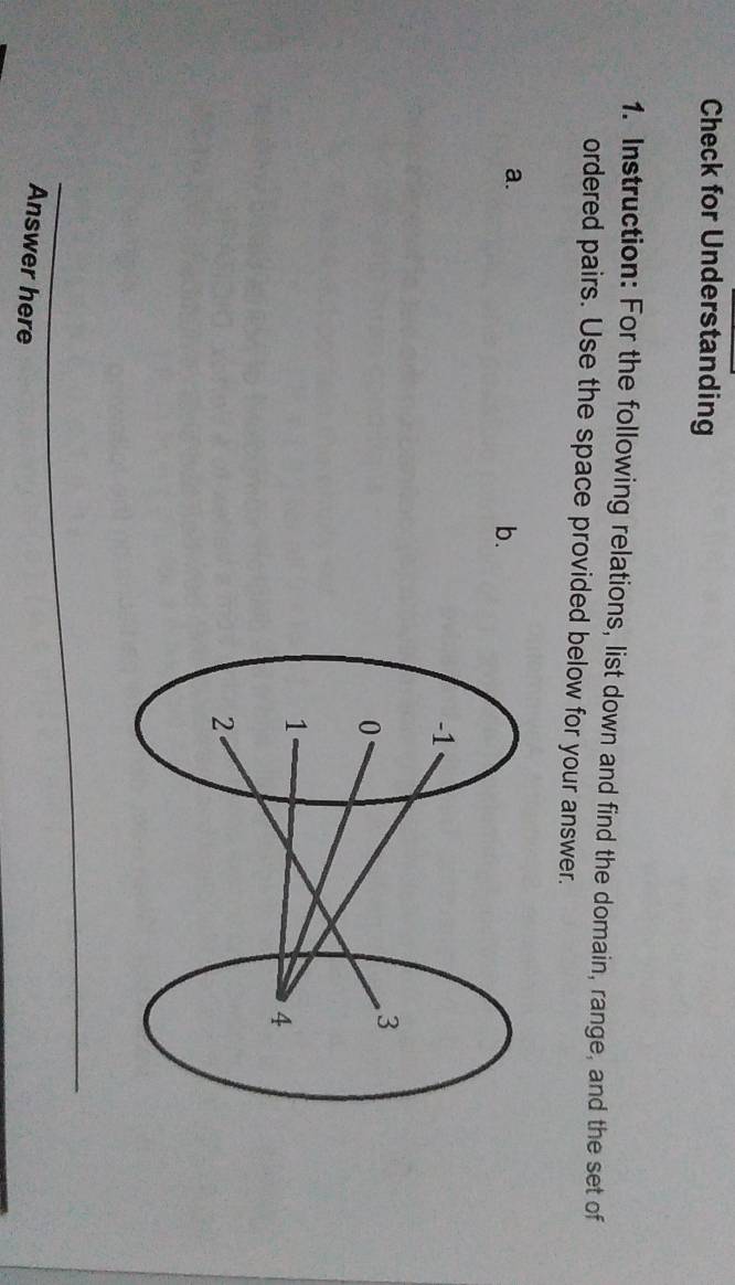 Check for Understanding 
1. Instruction: For the following relations, list down and find the domain, range, and the set of 
ordered pairs. Use the space provided below for your answer. 
a. 
b. 
Answer here