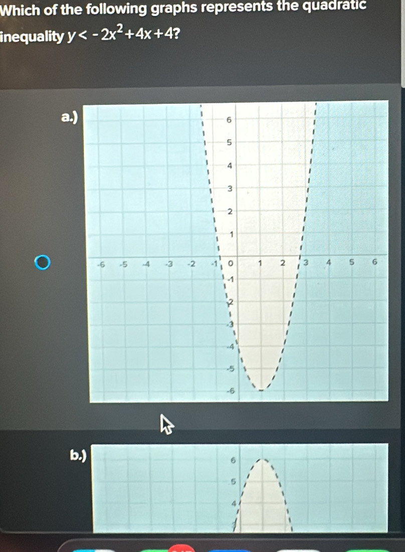 Which of the following graphs represents the quadratic
inequality y 2
a.)
b.)
6
5
4
1