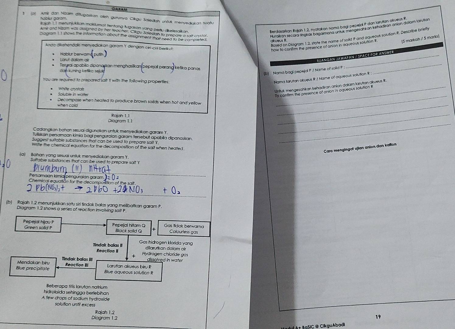 Garam
a) Amir dan Nizam ditugaskan öleh gurunva Cikgu Saledah untuk menyediakan suatu
hablur garam.
Rajah 1,1 mecunjukkan maklumat tentang tugasan yong perlu diselesaikan.
Berdasarkan Rajah 1.2, nyatakan nama bagi pepejal P dan larutan akueus R.
Amir and Nizam was assigned by her teacher. Cikgu Saiedah to prepare a salt crystal
Huraikan secora ringkas bagaimana untuk mengešahkan kehadiran anion dalam larutan
Diagram 1.1 shows the information about the assignment that need to be completed.
Based on Diagram 1.2 state the name of solld P and aqueous solution R. Describe briefly
akueus R
Anda dikehendaki menyediakan garam Y dengan ciri-ciri berikut;
how to confirm the presence of an on in aqueous solution R [5 markah / 5 marks]
Hablur benwarn (putih)
Larut dalom air
RUANGAN JAWAPAN / SPACE FOR ANSWER
Teryrai apabila dipanaskan menghasiikan pepejal perang ketika panas
dan kuning ketika sejuk
(b) Nama bagi pepejal P / Name of solid P :
_
You are required to prepared salt Y with the following properties:
Nama larutan akueus R / Name of aqueous solution R :
White crystals
_
Untuk mengesahkan kehadiran anion dalam larutan akueus R.
Soluble in water
To confirm the presence of anion in aqueous solution R
Decompose when heated to produce brown solids when hot and yellow
when cold
Rajah 1.1
Diagram 1.1
_
Cadangkan bahan sesuai digunakan untuk menyediakan garam Y.
_
Tuliskan persamaan kimia bagi penguraian garam tersebut apabila dipanaskan.
Suggest suitable substances that can be used to prepare salt Y.
_
write the chemical equation for the decomposition of the salt when heated .
Cara mengingat ujian anion dan kation
(a) Bahan yang sesuai untuk menyediakan garam Y.
Suitabie substances that can be used to prepare salt Y
_
Persamaan kimia penguraian garam.
Chemical equation for the decomposition of the salt
_
(b) Rajah 1.2 menunjukkan satu siri tindak balas yang melibatkan garam P.
Diagram 1.2 shows a series of reaction involving sait P.
Pepejal hijau P Pepejal hitam Q Gas tidak berwarna
Green solid P Black solid Q + Colourless gas
Gas hidrogen klorida yang
Tindak balas II dilarutkan dolam air
Reaction II Hydrogen chloride gas
+
Tindak balas III dissolved in water
Mendakan biru Reaction III Larutan akueus biru R
Blue precipitate Blue aqueous solution R
Beberapa titis larutan natrium
hidroksida sehingga berlebihan
A few drops of sodium hydroxide
solution until excess
Rajah 1.2
Diagram 1.2
19
Medul At BaSIC @ CikguAbadi