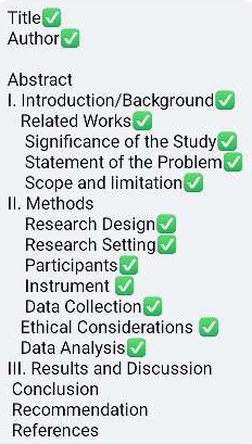 Title 
Author 
Abstract 
I. Introduction/Background 
Related Works 
Significance of the Study 
Statement of the Problem 
Scope and limitation 
II. Methods 
Research Design 
Research Setting 
Participants 
Instrument 
Data Collection 
Ethical Considerations 
Data Analysis 
III. Results and Discussion 
Conclusion 
Recommendation 
References