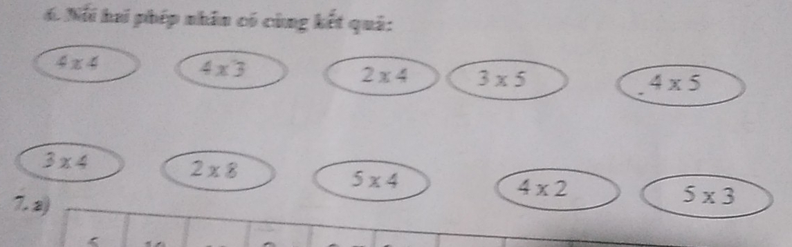 Ni hai phép nhân có cùng kết quả:
4* 4
4* 3
2* 4 3* 5
4* 5
3* 4
2* 8
5* 4
4* 2
7. 2)
5* 3