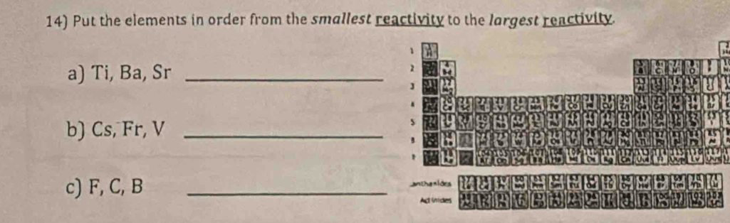 Put the elements in order from the smallest reactivity to the largest reactivity. 
a) Ti, Ba, Sr _ 
a 

b) Cs, Fr, V _ 

uvsy 
c) F, C, B _