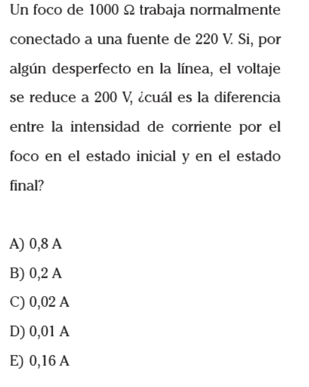 Un foco de 1000 Ω trabaja normalmente
conectado a una fuente de 220 V. Si, por
algún desperfecto en la línea, el voltaje
se reduce a 200 V, ¿cuál es la diferencia
entre la intensidad de corriente por el
foco en el estado inicial y en el estado
final?
A) 0,8 A
B) 0,2 A
C) 0,02 A
D) 0,01 A
E) 0,16 A