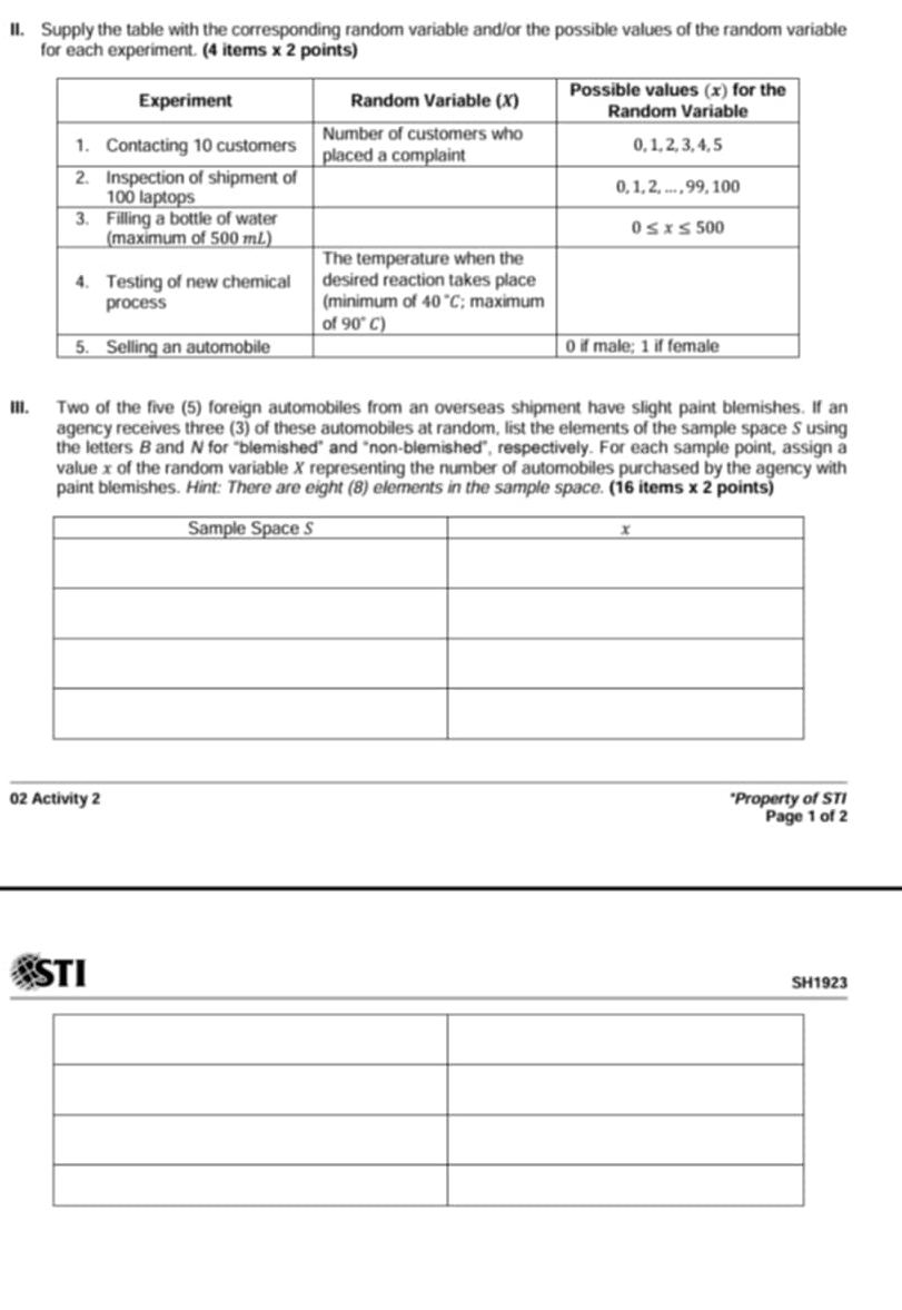 Supply the table with the corresponding random variable and/or the possible values of the random variable
for each experiment. (4 items x 2 points)
III. Two of the five (5) foreign automobiles from an overseas shipment have slight paint blemishes. If an
agency receives three (3) of these automobiles at random, list the elements of the sample space S using
the letters B and N for "blemished” and "non-blemished”, respectively. For each sample point, assign a
value x of the random variable X representing the number of automobiles purchased by the agency with
paint blemishes. Hint: There are eight (8) elements in the sample space. (16 items x 2 points)
02 Activity 2 *Property of STI
Page 1 of 2
STI SH1923