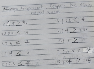 AsSisnnemt! Compare the following 
rational numbers 
12 4.5_ >4 1/3 
0.2≤  3/5 
2. ) 0.9_ 
7. J 1 1/7 _ >6.69
8. ) 
3. 7 3≤  17/5  1_ >0
9. ] 3 5/6 ≤ 3
9. ) 10.π
(. ) 5.3≤  28/5  (0. ) 5 5/9 >5 13/15 