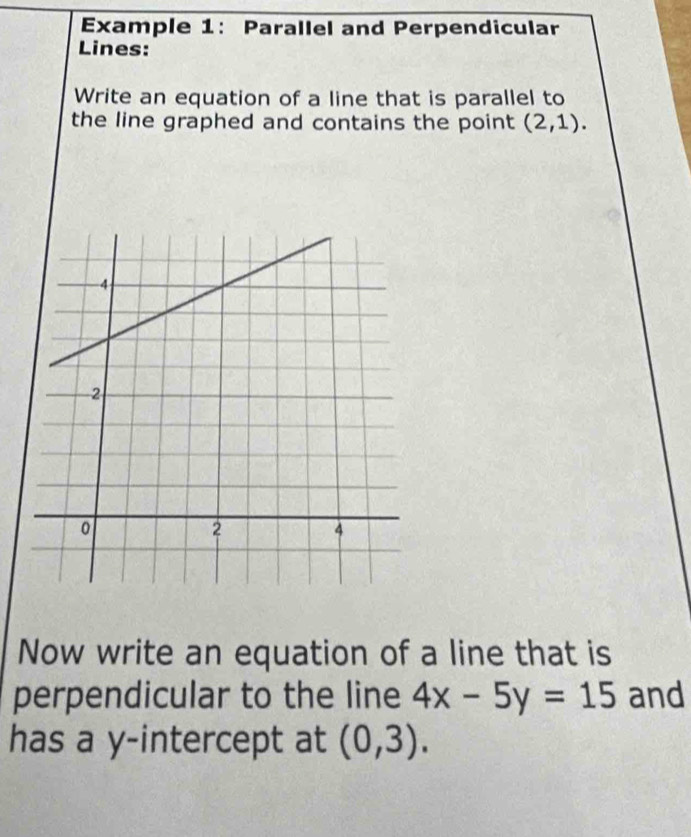 Example 1: Parallel and Perpendicular 
Lines: 
Write an equation of a line that is parallel to 
the line graphed and contains the point (2,1). 
Now write an equation of a line that is 
perpendicular to the line 4x-5y=15 and 
has a y-intercept at (0,3).