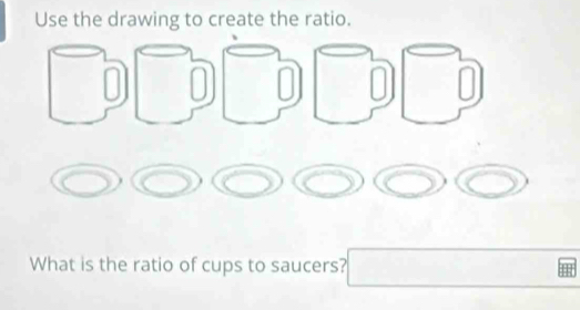 Use the drawing to create the ratio. 
What is the ratio of cups to saucers?