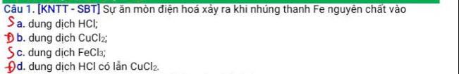 [KNTT - SBT] Sự ăn mòn điện hoá xảy ra khi nhúng thanh Fe nguyên chất vào 
Sa. dung dịch HCl; 
b. dung dịch CuCl₂; 
5 c. dung dịch FeCl₃; 
Od. dung dịch HCl có lần CuCl_2.