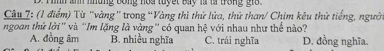 Tih ảnh những bóng hoa tuyết bay là tà trong gio.
Câu 7: (1 điểm) Từ “vàng” trong “Vàng thì thử lửa, thử than/ Chim kêu thử tiếng, người
ngoan thử lời” và “Im lặng là vàng” có quan hệ với nhau như thế nào?
A. đồng âm B. nhiều nghĩa C. trái nghĩa D. đồng nghĩa.