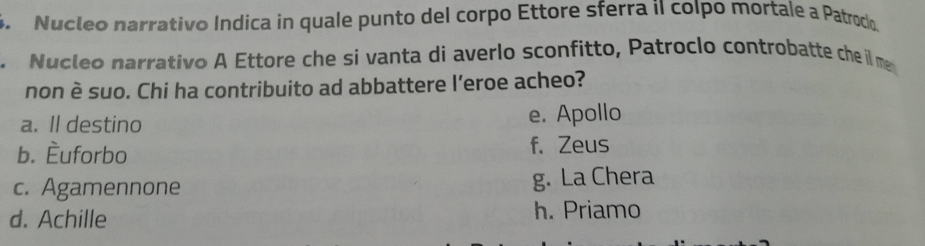 Nucleo narrativo Indica in quale punto del corpo Ettore sferra iI colpo mortale a Patroclo.
Nucleo narrativo A Ettore che si vanta di averlo sconfitto, Patroclo controbatte che il me
non è suo. Chi ha contribuito ad abbattere l’eroe acheo?
a. Il destino e. Apollo
b. Èuforbo
f. Zeus
c. Agamennone g. La Chera
d. Achille
h. Priamo