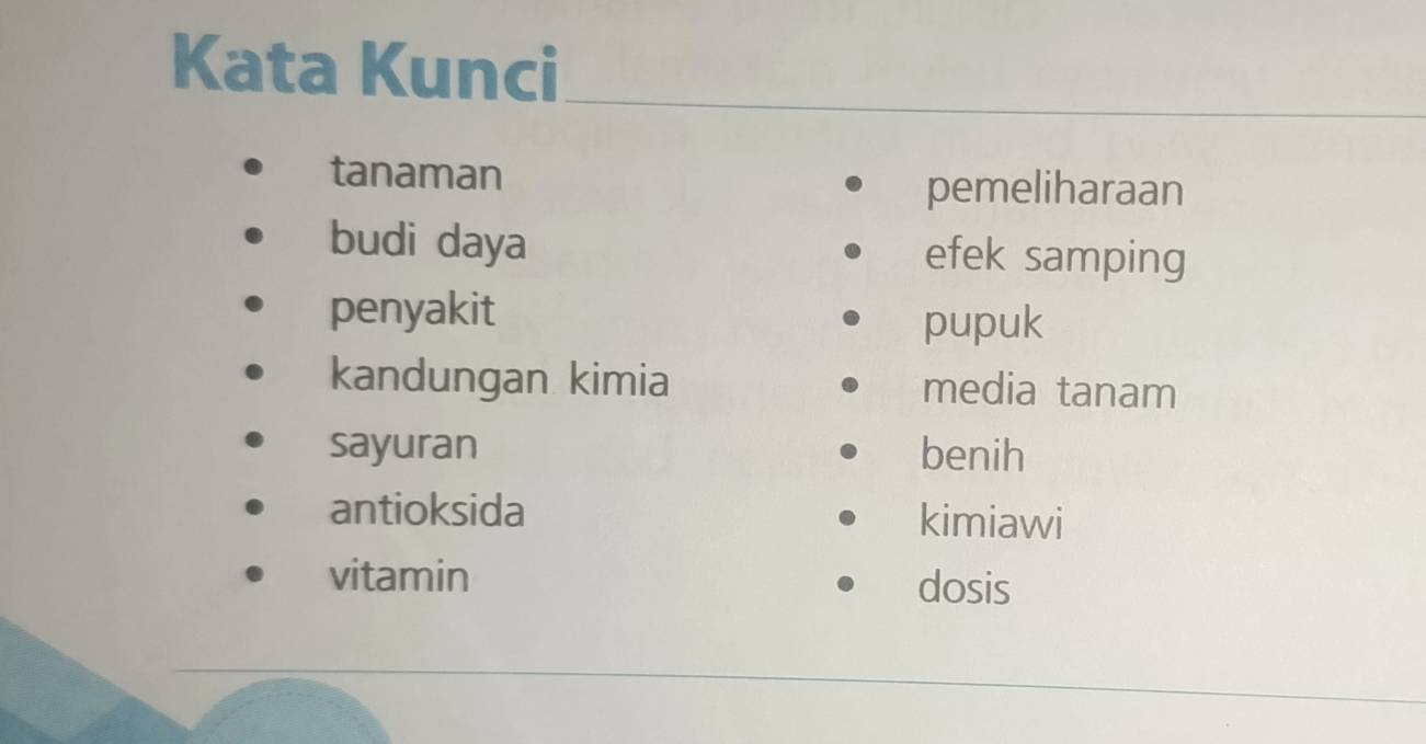 Kata Kunci 
_ 
tanaman 
pemeliharaan 
budi daya efek samping 
penyakit 
pupuk 
kandungan kimia media tanam 
sayuran benih 
antioksida kimiawi 
vitamin dosis