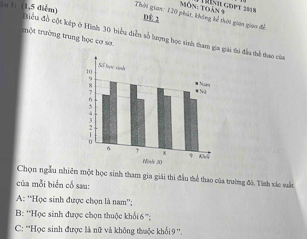 âu I: (1,5 điểm)
Rình gDpT 2018
MôN: Toán 9
Thời gian: 120 phút, không kể thời gian giao đề.
dè 2
một trường trung học cơ sơ.
Biểu đồ cột kép ở Hình 30 biểu diễn số lượng học sinh tham gia giải thi đầu thể thao của
Chọn ngẫu nhiên một học sinh tham gia giải thi đấu thể thao của trường đó. Tính xác suất
của mỗi biến cố sau:
A: “Học sinh được chọn là nam”;
B: “Học sinh được chọn thuộc khối 6 ”;
C: “Học sinh được là nữ và không thuộc khối9 ”.