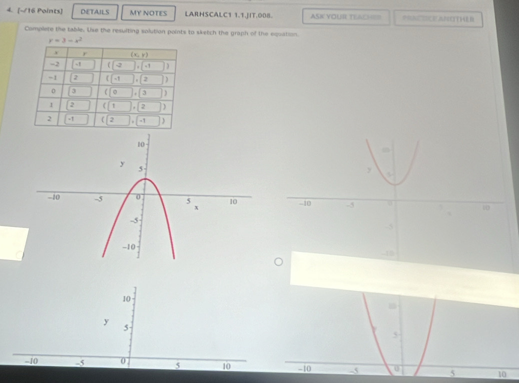 DETAILS MY NOTES LARHSCALC1 1.1.JIT.008. ASK YOUR TEACH==
Complete the table. Use the resulting solution points to sketch the graph of the equation.
y=3-x^2

10
y 5
5
-10 -5 0 5 10 5 10
-10 -5