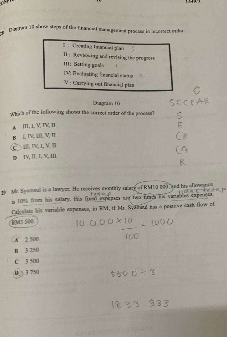 1449/1
28 Diagram 10 show steps of the financial management process in incorrect order.
I : Creating financial plan
II : Reviewing and revising the progress
III: Setting goals
IV: Evaluating financial status
V : Carrying out financial plan
Diagram 10
Which of the following shows the correct order of the process?
A III, I, V, IV, II
B I, IV, III, V, II
C、Ⅲ, IV, I,V, I
D IV, II, I, V, III
29 Mr. Syamsul is a lawyer. He receives monthly salary of RM10 000, and his allowance
is 10% from his salary. His fixed expenses are two times his variables expenses.
Calculate his variable expenses, in RM, if Mr. Syamsul has a positive cash flow of
RM3 500.
A 2 500
B 3 250
C 3 500
D 3 750