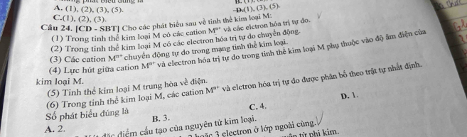 D_1(1),(3),(5).
A. (1), (2), (3), (5).
C.(1), (2), (3).
Câu 24. [CD - SBT] Cho các phát biểu sau về tinh thể kim loại M: và các eletron hóa trị tự do.
(1) Trong tỉnh thể kim loại M có các cation M^(n+)
(2) Trong tinh thể kim loại M có các electron hóa trị tự do chuyển động
(3) Các cation M''' chuyển động tự do trong mạng tinh thể kim loại.
(4) Lực hút giữa cation M'' T và electron hóa trị tự do trong tỉnh thể kim loại M phụ thuộc vào độ âm điện của
kim loại M.
(6) Trong tinh thể kim loại M, các cation M^(n+) và elctron hóa trị tự do được phân bố theo trật tự nhất định.
(5) Tinh thể kim loại M trung hòa về điện.
C. 4. D. 1.
Số phát biểu đúng là B. 3.
đặc điểm cấu tạo của nguyên tử kim loại.
A. 2.
mc 3 electron ở lớp ngoài cùng.
in từ phi kim.