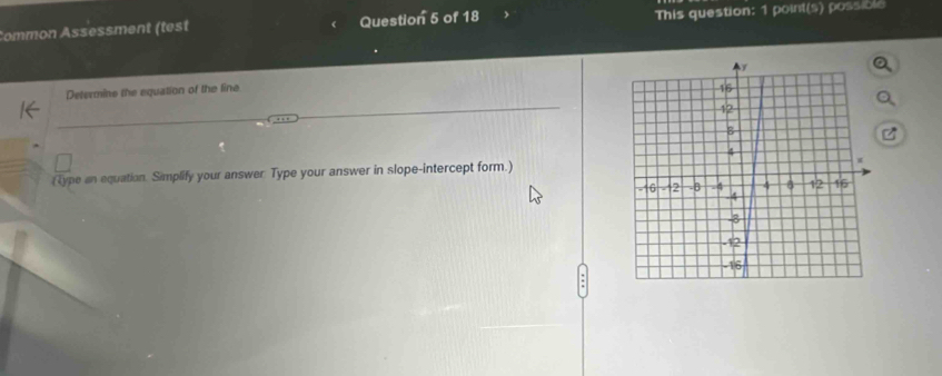 Common Assessment (test Question 5 of 18 This question: 1 point(s) possible 
Determine the equation of the line 
(Type an equation. Simplify your answer Type your answer in slope-intercept form.)