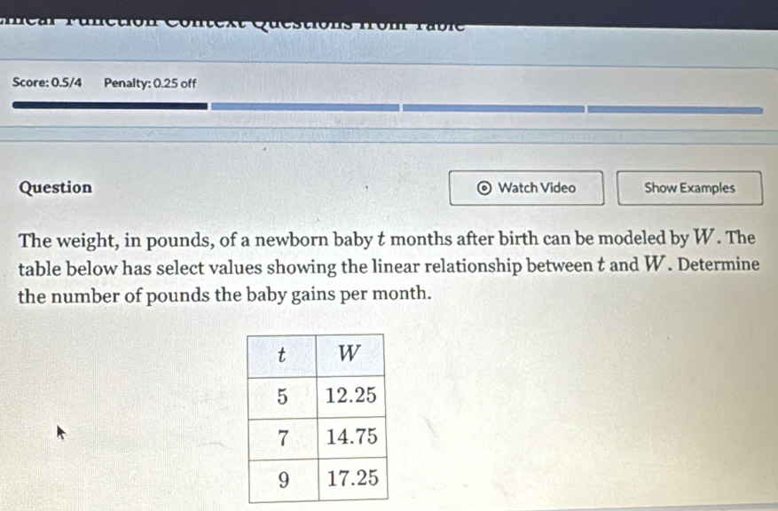 rúnction 
Score: 0.5/4 Penalty: 0.25 off 
Question Watch Video Show Examples 
The weight, in pounds, of a newborn baby t months after birth can be modeled by W. The 
table below has select values showing the linear relationship between t and W. Determine 
the number of pounds the baby gains per month.