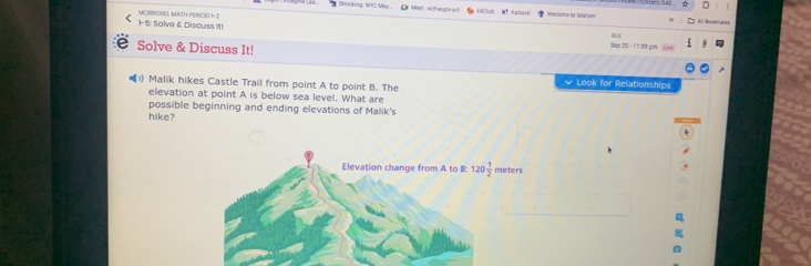 Shocking: NYC May 1  Meel - w2f waleut Kahoot ne come to blation
1- 5: Solve & Discuss it! MORRDBEL MATH PEROO 1- 3 DUF A l   
Solve & Discuss It!
Sep 20 -11.59 pm
1) Malik hikes Castle Trail from point A to point B. The
Look for Relationships
elevation at point A is below sea level. What are
possible beginning and ending elevations of Malik's
hike?
meters