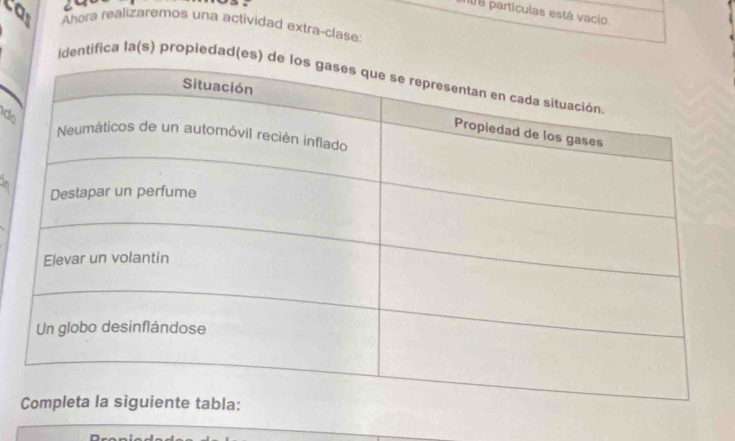 ta partículas está vacio. 
ca Ahora realizaremos una actividad extra-clase: 
Identifica la(s) propiedad(es 
o