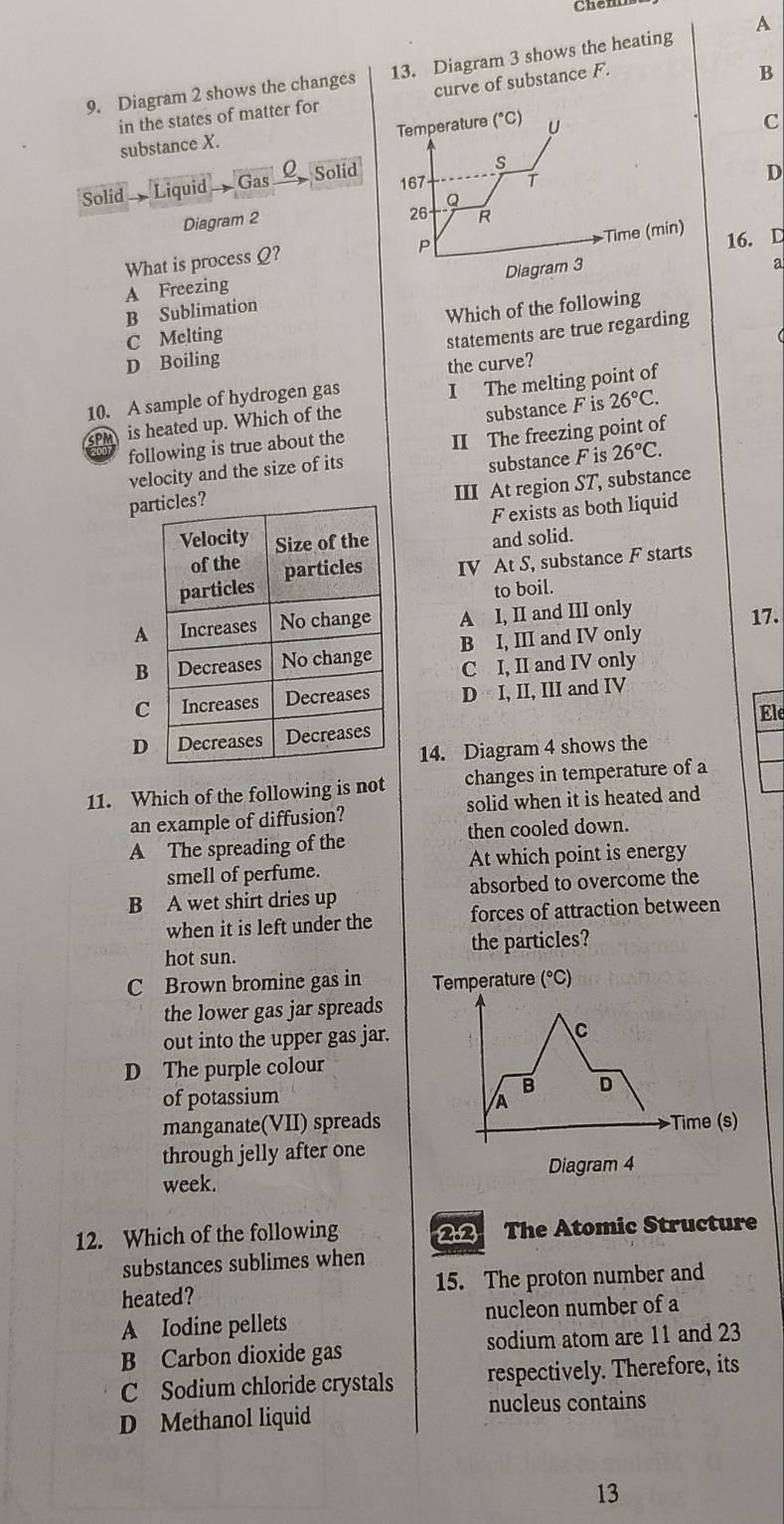 Chen
9. Diagram 2 shows the changes 13. Diagram 3 shows the heating A
in the states of matter for curve of substance F.
B
substance X. 
C
Solid— Liquid -  Gas_ Solid
D
Diagram 2
What is process Ω?
A Freezing 16. D
B Sublimation Diagram 3
a
C Melting Which of the following
statements are true regarding
D Boiling
the curve?
10. A sample of hydrogen gas
sPM is heated up. Which of the I The melting point of
following is true about the substance F is 26°C.
velocity and the size of its II The freezing point of
substance F is 26°C.
pa
III At region ST, substance
F exists as both liquid
and solid.
IV At S, substance F starts
to boil.
A A I, II and III only 17.
B B I, III and IV only
C I, II and IV only
C D I, II, III and IV
D Ele
14. Diagram 4 shows the
11. Which of the following is not changes in temperature of a
an example of diffusion? solid when it is heated and
A The spreading of the then cooled down.
smell of perfume. At which point is energy
B A wet shirt dries up absorbed to overcome the
when it is left under the forces of attraction between
hot sun. the particles?
C Brown bromine gas in Temperature (°C)
the lower gas jar spreads
out into the upper gas jar.
D The purple colour
of potassium 
manganate(VII) spreads
through jelly after one
Diagram 4
week.
12. Which of the following 2.2 The Atomic Structure
substances sublimes when
heated? 15. The proton number and
A Iodine pellets nucleon number of a
B Carbon dioxide gas sodium atom are 11 and 23
C Sodium chloride crystals respectively. Therefore, its
D Methanol liquid nucleus contains
13
