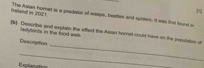 Ireland in 2021. 
[1] 
The Asian hornet is a predator of wasps, beetles and spiders. It was first found in 
ladybirds in the food web. 
_ 
(b) Describe and explain the effect the Asian hornet could have on the population of 
Description 
_ 
Explanation