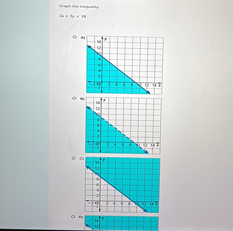 Graph the inequality.
2x+2y<18</tex> 
A 
C 
D) y
14
12