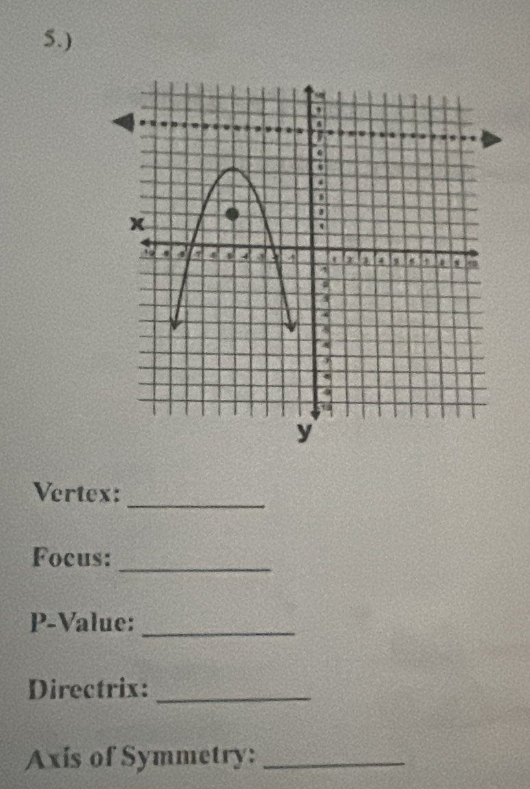 5.) 
Vertex:_ 
Focus:_ 
P-Value:_ 
Directrix:_ 
Axis of Symmetry:_