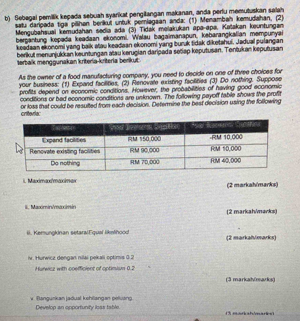 Sebagai pemilik kepada sebuah syarikat pengilangan makanan, anda perlu memutuskan salah 
satu daripada tiga pilihan berikut untuk perniagaan anda: (1) Menambah kemudahan, (2) 
Mengubahsual kemudahan sedia ada (3) Tidak melakukan apa-apa. Katakan keuntungan 
bergantung kepada keadaan ekonomi. Walau bagaimanapun, kebarangkalian mempunyai 
keadaan ekonomi yang baik atau keadaan ekonomi yang buruk tidak diketahui. Jadual pulangan 
berikut menunjukkan keuntungan atau kerugian daripada setiap keputusan. Tentukan keputusan 
terbalk menggunakan kriteria-kriteria berikut: 
As the owner of a food manufacturing company, you need to decide on one of three choices for 
your business: (1) Expand facilities, (2) Renovate existing facilities (3) Do nothing. Suppose 
profits depend on economic conditions. However, the probabilities of having good economic 
conditions or bad economic conditions are unknown. The following payoff table shows the profit 
or loss that could be resulted from each decision. Determine the best decision using the following 
criteria: 
i. Maximax/maxímax 
(2 markah/marks) 
ii. Maximin/maximin 
(2 markah/marks) 
iii. Kemungkinan setara/Equal likelihood 
(2 markah/marks) 
iv. Hurwicz dengan nilai pekali optimis 0.2
Hurwicz with coefficient of optimism 0.2
(3 markah/marks) 
v. Bangunkan jadual kehilangan peluang. 
Develop an opportunity loss table. (3.markah/marke)