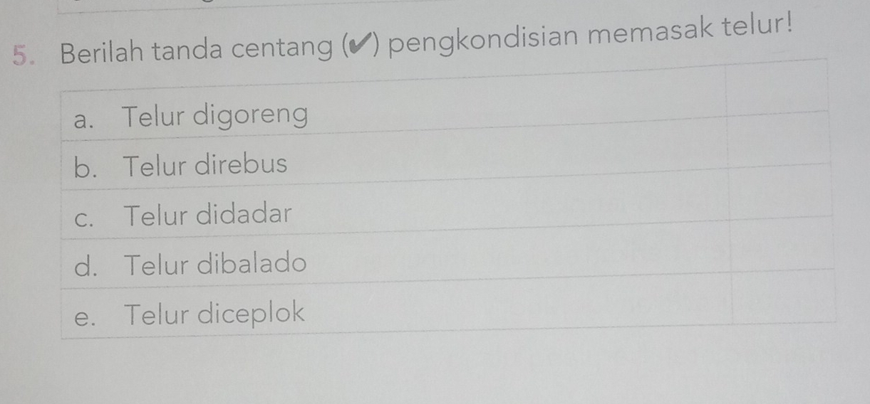 Berilah tanda centang (✔) pengkondisian memasak telur!
a. Telur digoreng
b. Telur direbus
c. Telur didadar
d. Telur dibalado
e. Telur diceplok