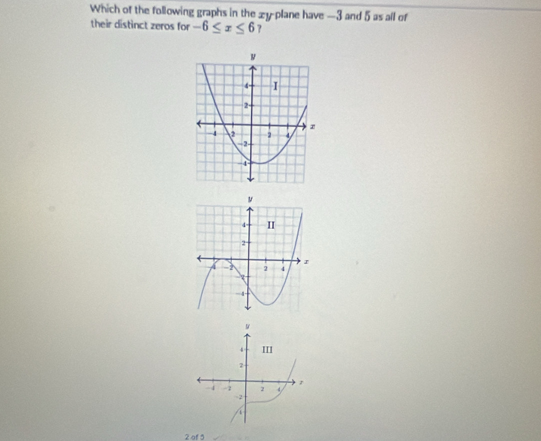 Which of the following graphs in the xy plane have —3 and 5 as all of 
their distinct zeros for -6≤ x≤ 6 ?
2 of 3