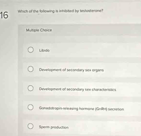 Which of the following is inhibited by testosterone?
Multiple Choice
Libido
Development of secondary sex organs
Development of secondary sex characteristics
Gonadotropin-releasing hormone (GnRH) secretion
Sperm production