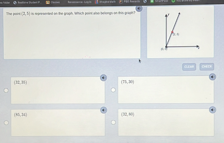 folder Realtime Student P Classes Renaissance- Log In Imagine Math PBIS Rewards Smar Pass
The point (2,5) is represented on the graph. Which point also belongs on this graph?
CLEAR CHECK
(32,35)
(75,30)
(85,34)
(32,80)