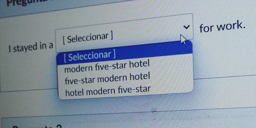 stayed in a [ Seleccionar ] for work.
[ Seleccionar ]
modern five-star hotel
five-star modern hotel
hotel modern five-star