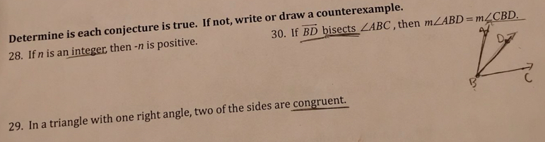 Determine is each conjecture is true. If not, write or draw a counterexample. 
28. If n is an integer, then - n is positive. 30. If vector BD bisects ∠ ABC , then m∠ ABD=m∠ CBD. 
29. In a triangle with one right angle, two of the sides are congruent.