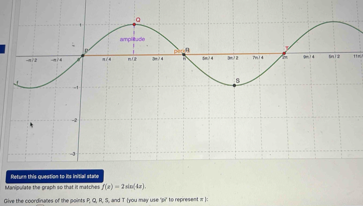 11π/
Manipulate the graph so that it matches f(x)=2sin (4x).
Give the coordinates of the points P, Q, R, S, and T (you may use ‘pi’ to represent π ):